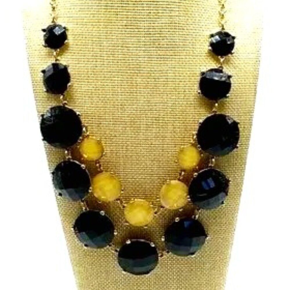Mika Bib Necklace Citron Yellow & Black Iridescent Faceted Glass "Stones"